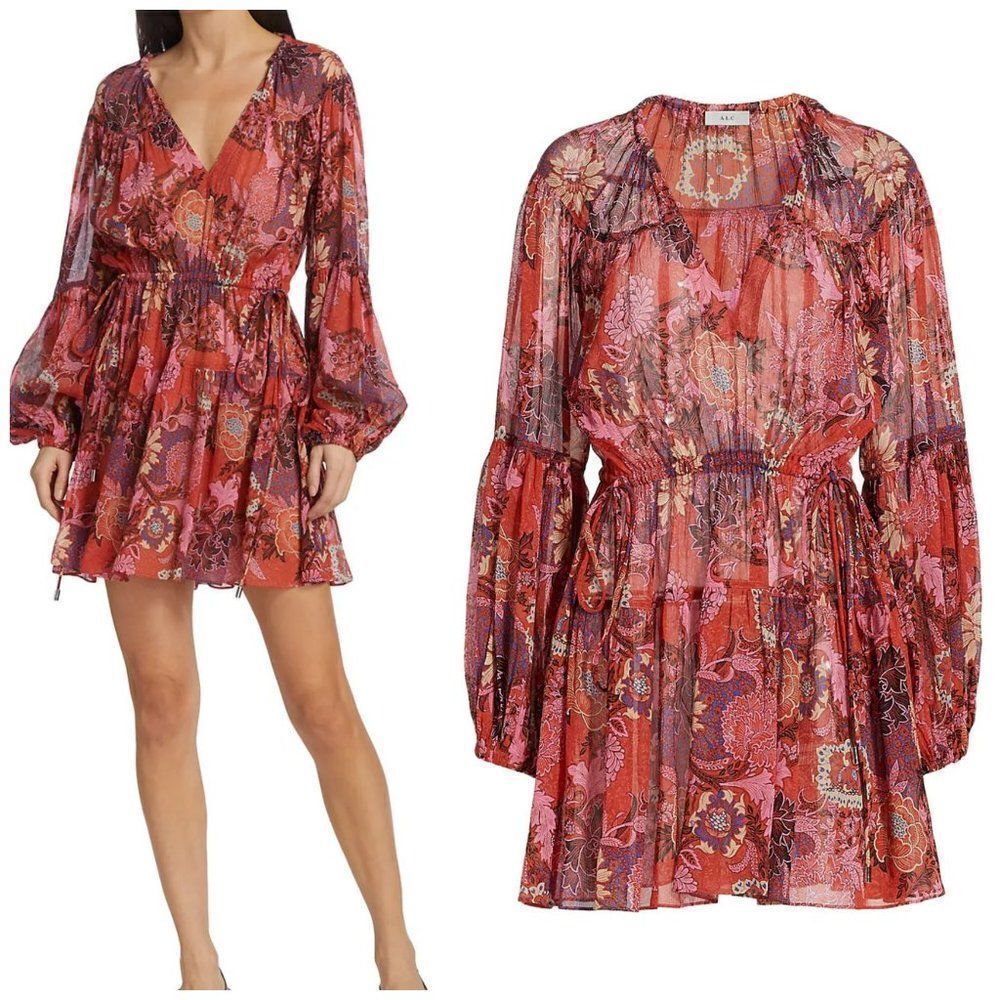 A.L.C. Elise Long Sleeve 100% Silk Floral Mini Dress